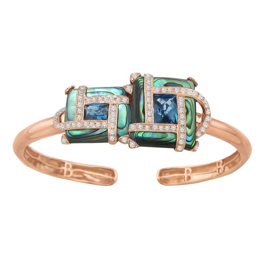 BELLARRI Anastasia - Bangle set in 14kt Rose gold and contains approximately 0.47ct of genuine Diamonds, 2.45ct of genuine London Blue Topaz, and eight inlays of genuine Abalone