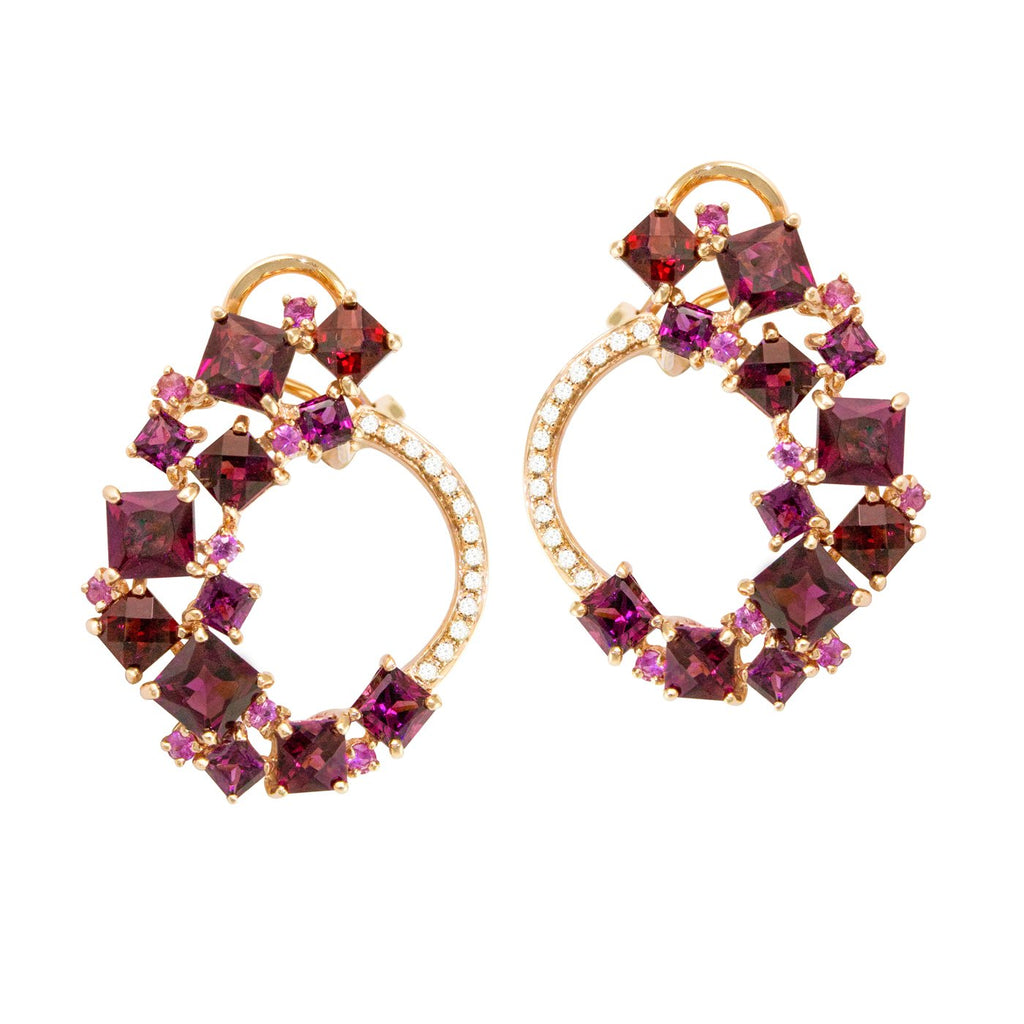BELLARRI Lily Earrings - 14Kt Rose Gold, genuine Diamonds, Rhodolite, Pink Sapphires