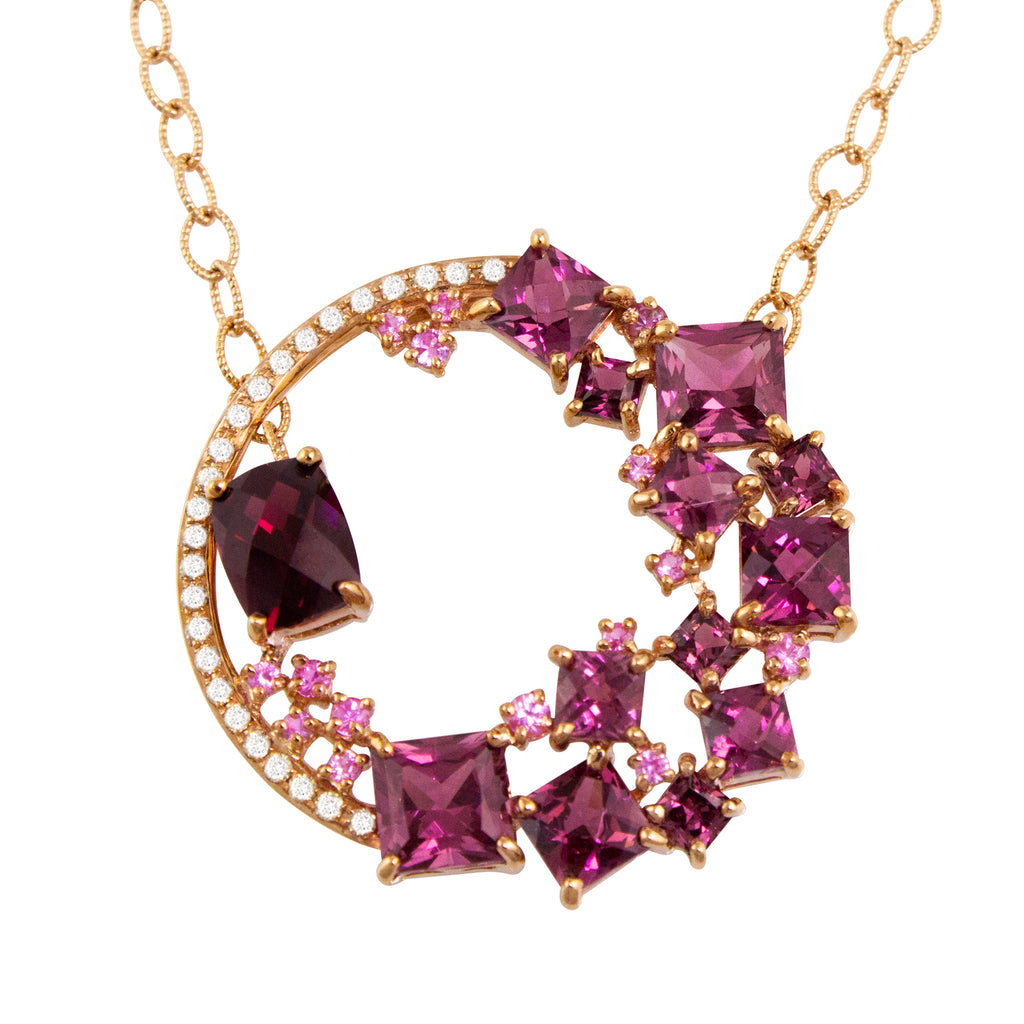 BELLARRI Lily Necklace - 14kt Rose Gold, genuine Diamonds, Rhodolite, Pink Sapphires
