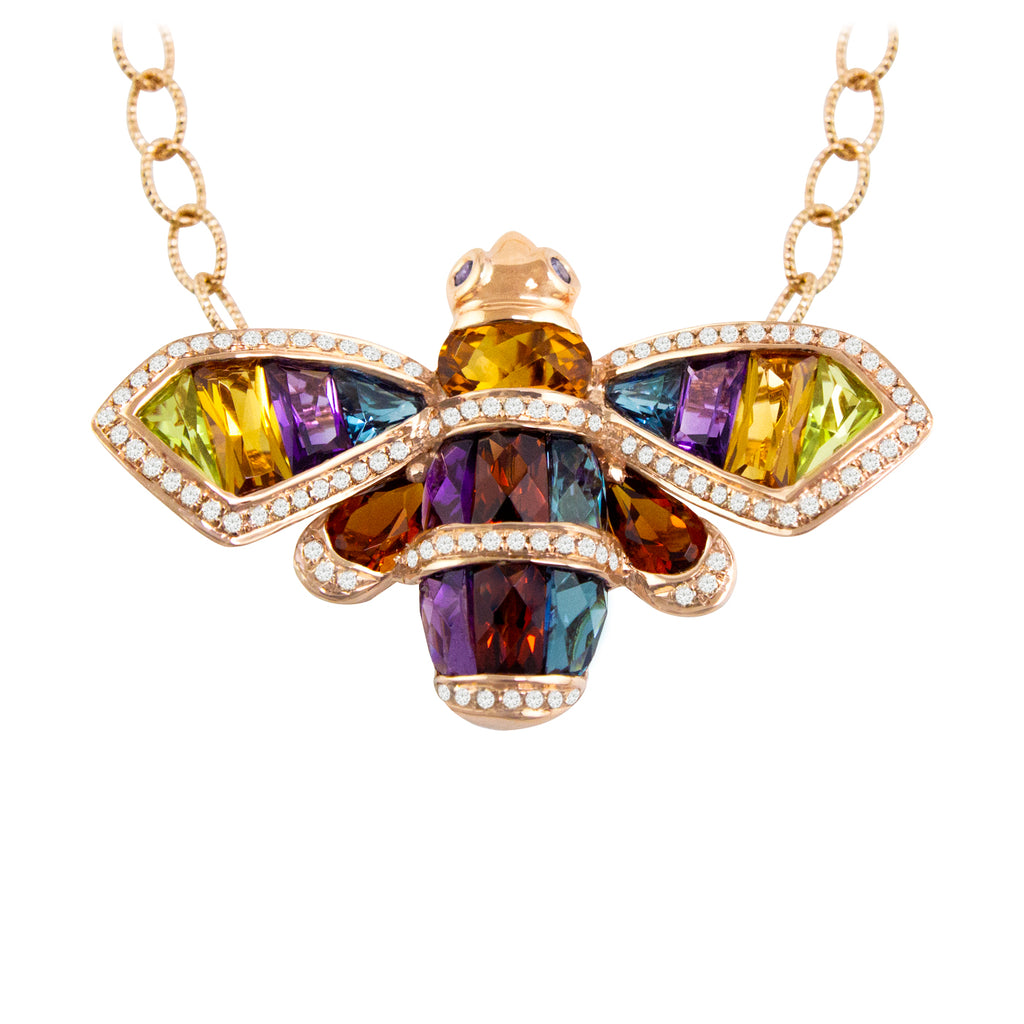 BELLARRI Queen Bee Necklace is 14kt Rose Gold and contains genuine Diamonds, genuine multi color gemstones (Amethyst, Blue Topaz, Citrine, Iolite, Peridot, and Rhodolite) and genuine Sapphires.