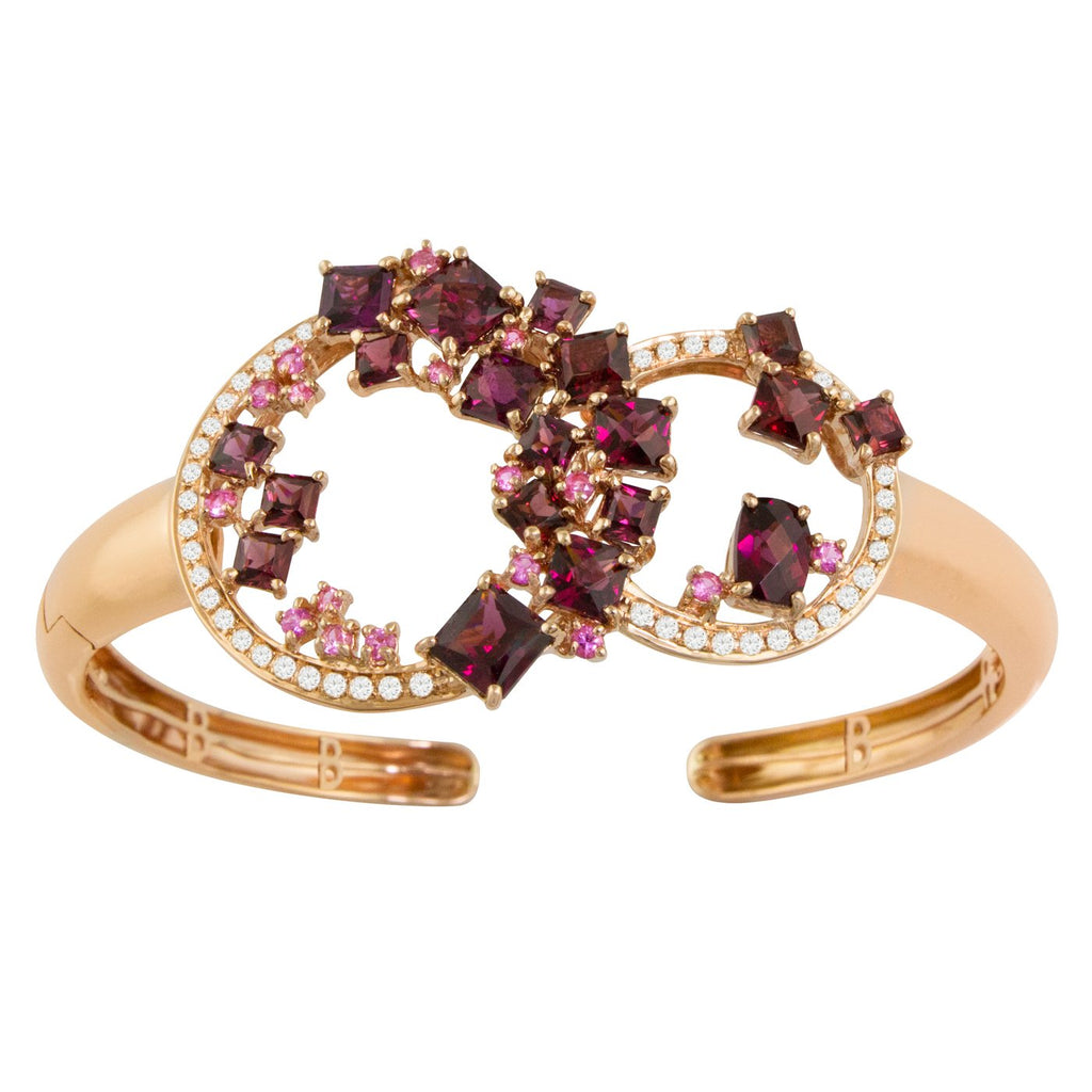 BELLARRI Lily Bangle - 14KT Rose Gold, geniune Diamonds, Rhodolite, Pink Sapphires