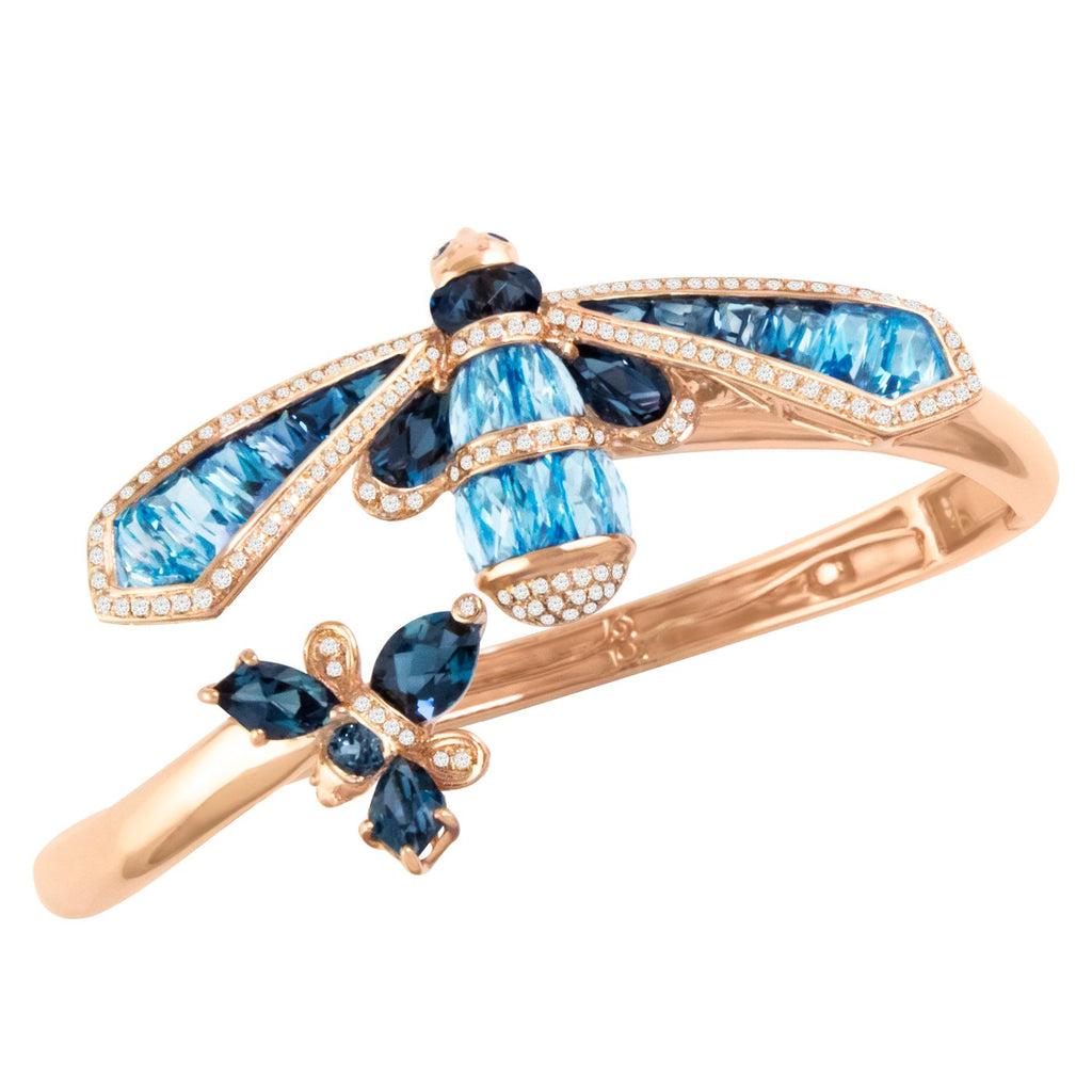 BELLARRI Queen Bee Bangle - 14kt Rose Gold, genuine Diamonds, Swiss Blue Topaz, London Blue Topaz, Sapphires