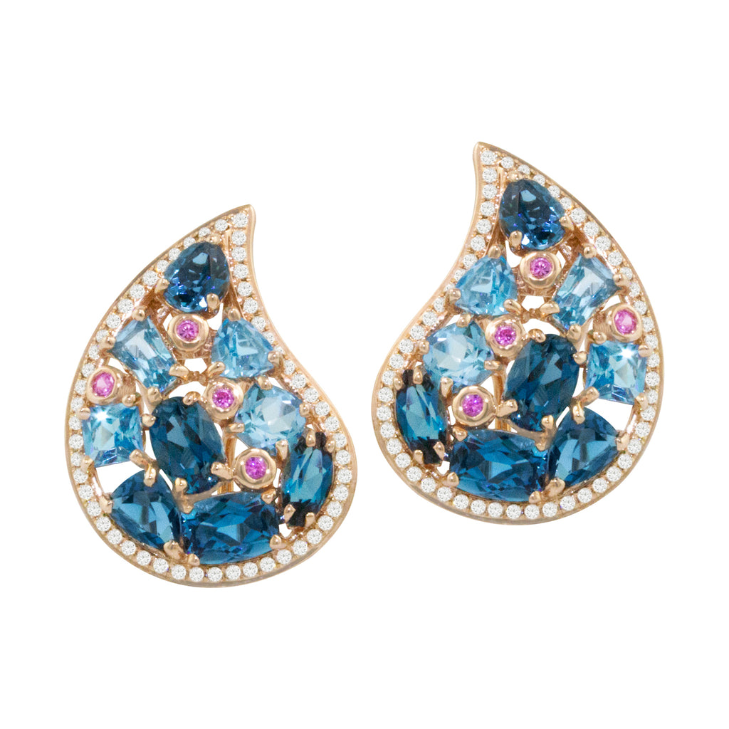 BELLARRI Amore Earrings - 14kt Rose Gold, Diamonds, Swiss Blue Topaz, London Blue Topaz, Pink Sapphires