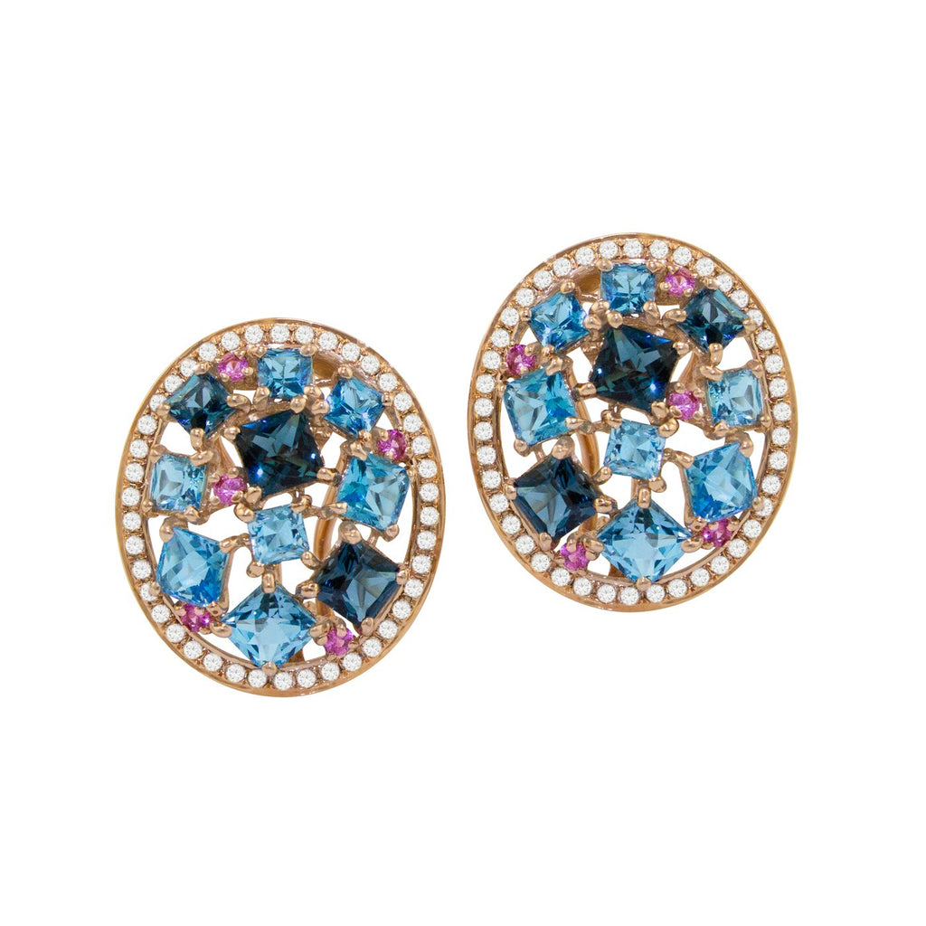 BELLARRI Lily Earrings - 14Kt Rose Gold, genuine Diamonds, Swiss Blue Topaz, London Blue Topaz