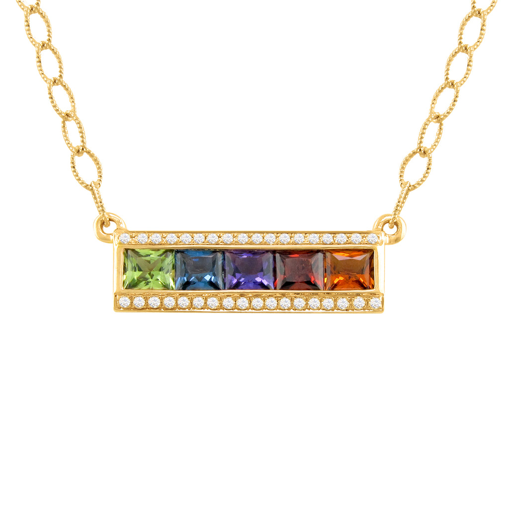 BELLARRI Eternal Love - Necklace (Yellow Gold / Multi Color Gemstone). Necklace is 16 inches in length. Attached pendant is approximately 6mm height x 21mm length.