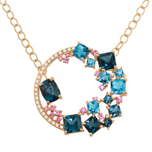 BELLARRI Lily Necklace - 14kt Rose Gold, genuine Diamonds, Swiss Blue Topaz, London Blue Topaz, Pink Sapphires