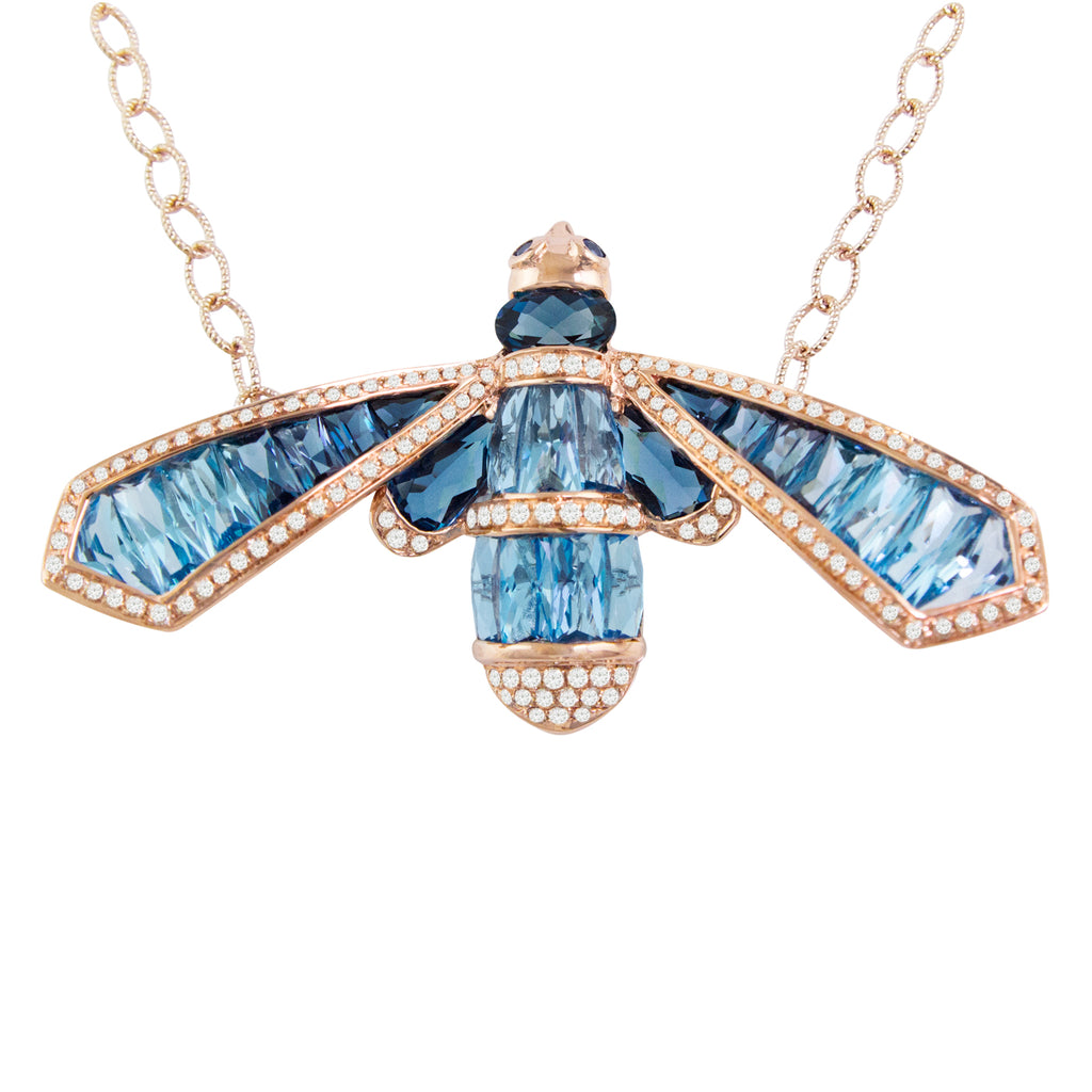BELLARRI Queen Bee Necklace - 14kt Rose Gold, genuine Diamonds, Swiss Blue Topaz, London Blue Topaz, Sapphires