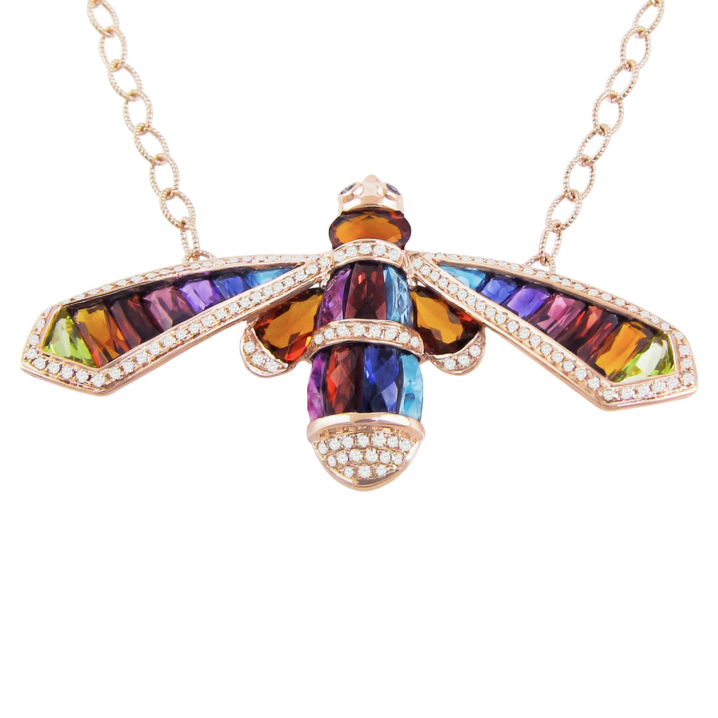 BELLARRI Queen Bee Necklace - 14kt Rose Gold, genuine Diamonds, genuine Multi Color Gemstones