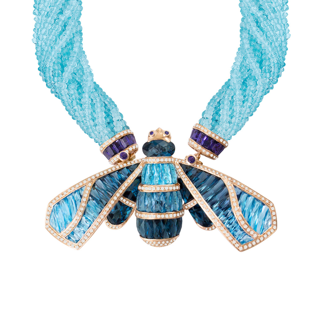 BELLARRI Queen Bee Necklace - 14kt Rose Gold, Diamonds, Swiss Blue Topaz, London Blue Topaz, and Iolite gemstones, with 10 strands of genuine Blue Topaz faceted beads