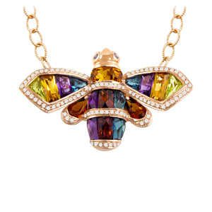 BELLARRI Queen Bee Necklace is 14kt Rose Gold and contains genuine Diamonds, genuine multi color gemstones (Amethyst, Blue Topaz, Citrine, Iolite, Peridot, and Rhodolite) and genuine Sapphires. 