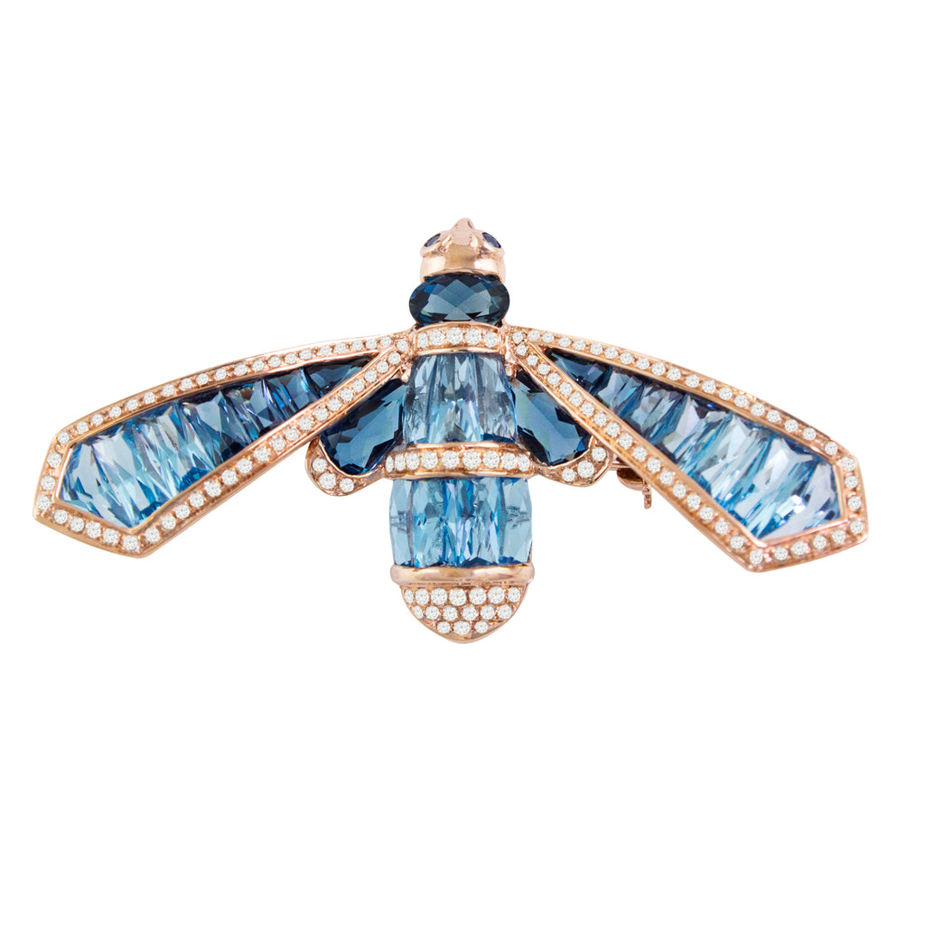 BELLARRI Queen Bee Brooch / Pin - 14kt Rose Gold, Diamonds, Blue Topaz, Sapphires