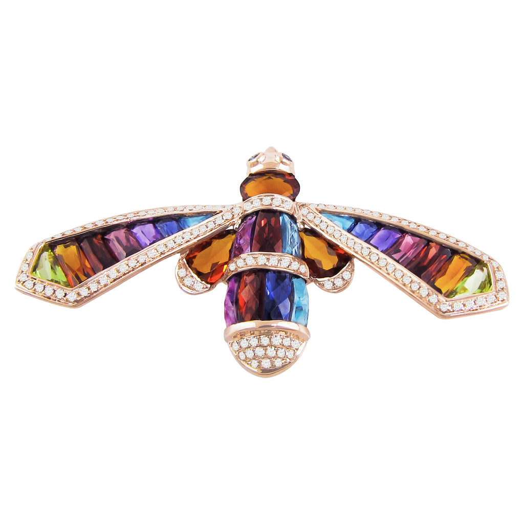 BELLARRI Queen Bee Brooch/Pin - 14kt Rose Gold, Diamonds, Multi Color Gemstones
