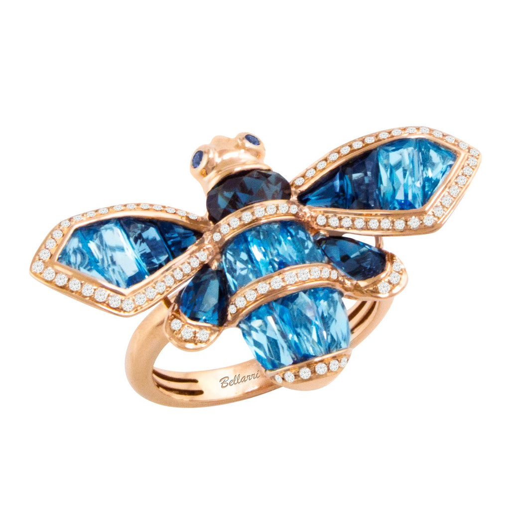 BELLARRI Queen Bee Ring - 14kt Rose Gold, Diamonds, Swiss Blue Topaz, London Topaz, Sapphires