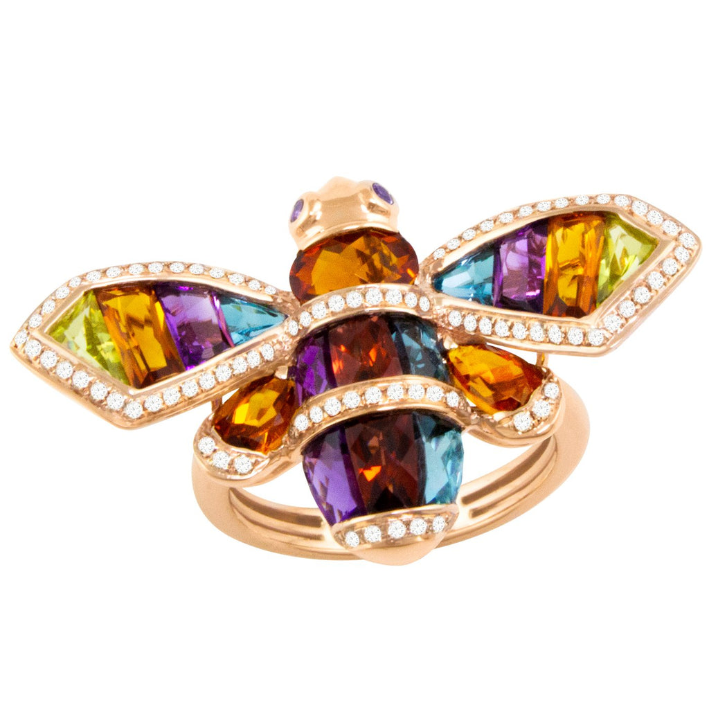 BELLARRI Queen Bee Ring - 14kt Rose Gold, genuine Diamonds, Multi Color Gemstones