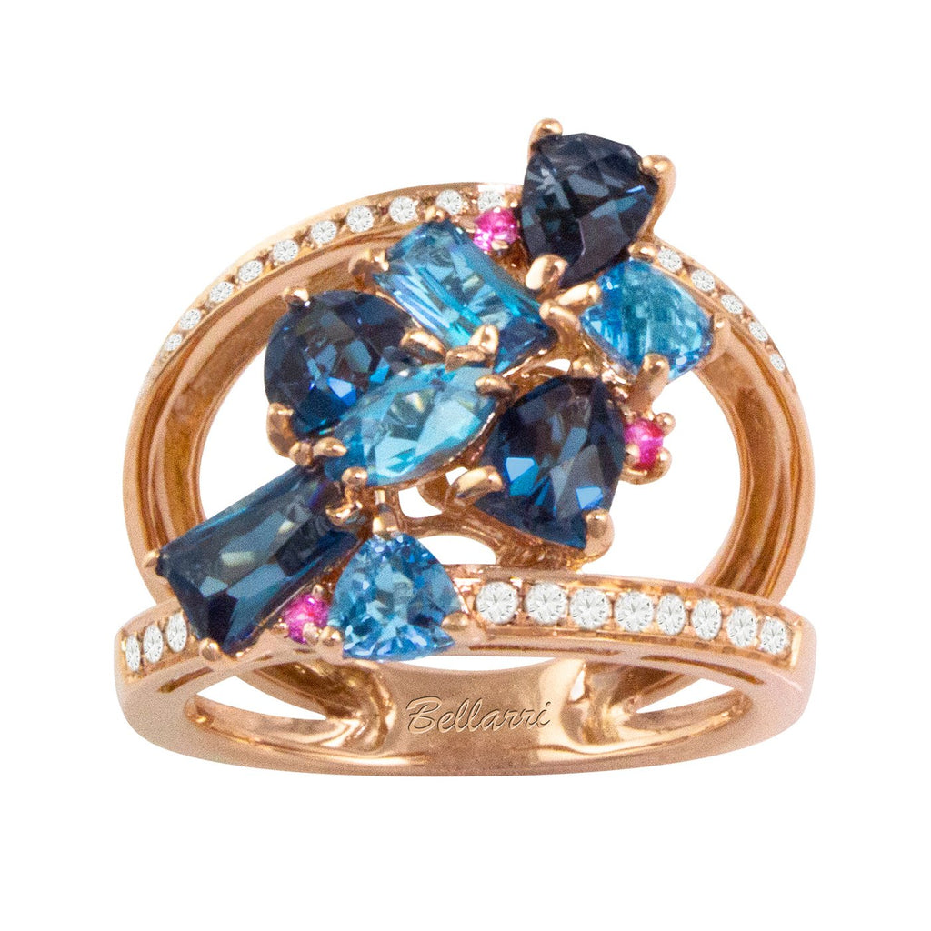 BELLARRI Lily - Ring (14kt Rose Gold, genuine Diamonds, Swiss Blue Topaz, London Topaz, Pink Sapphires)