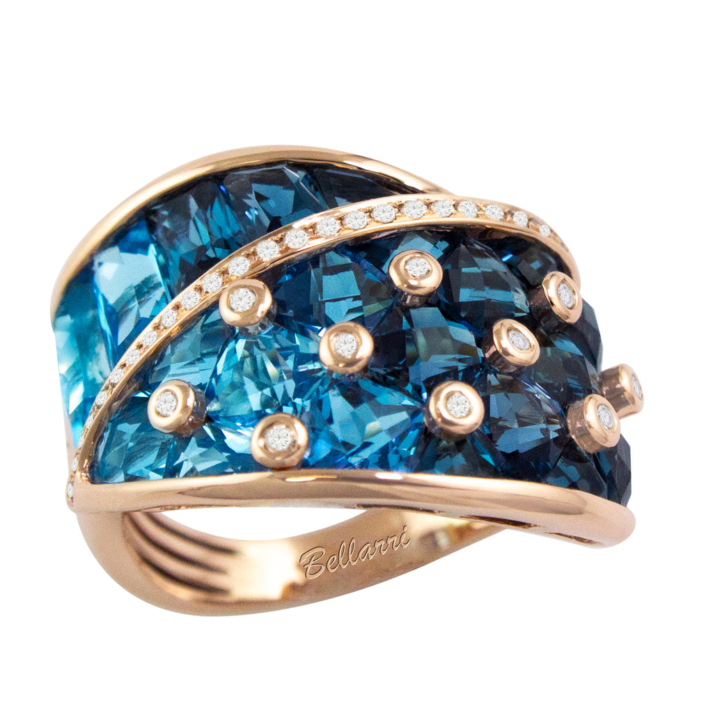 BELLARRI Fresco Ring - 14kt Rose Gold, Diamonds, London Blue Topaz, Swiss Blue Topaz